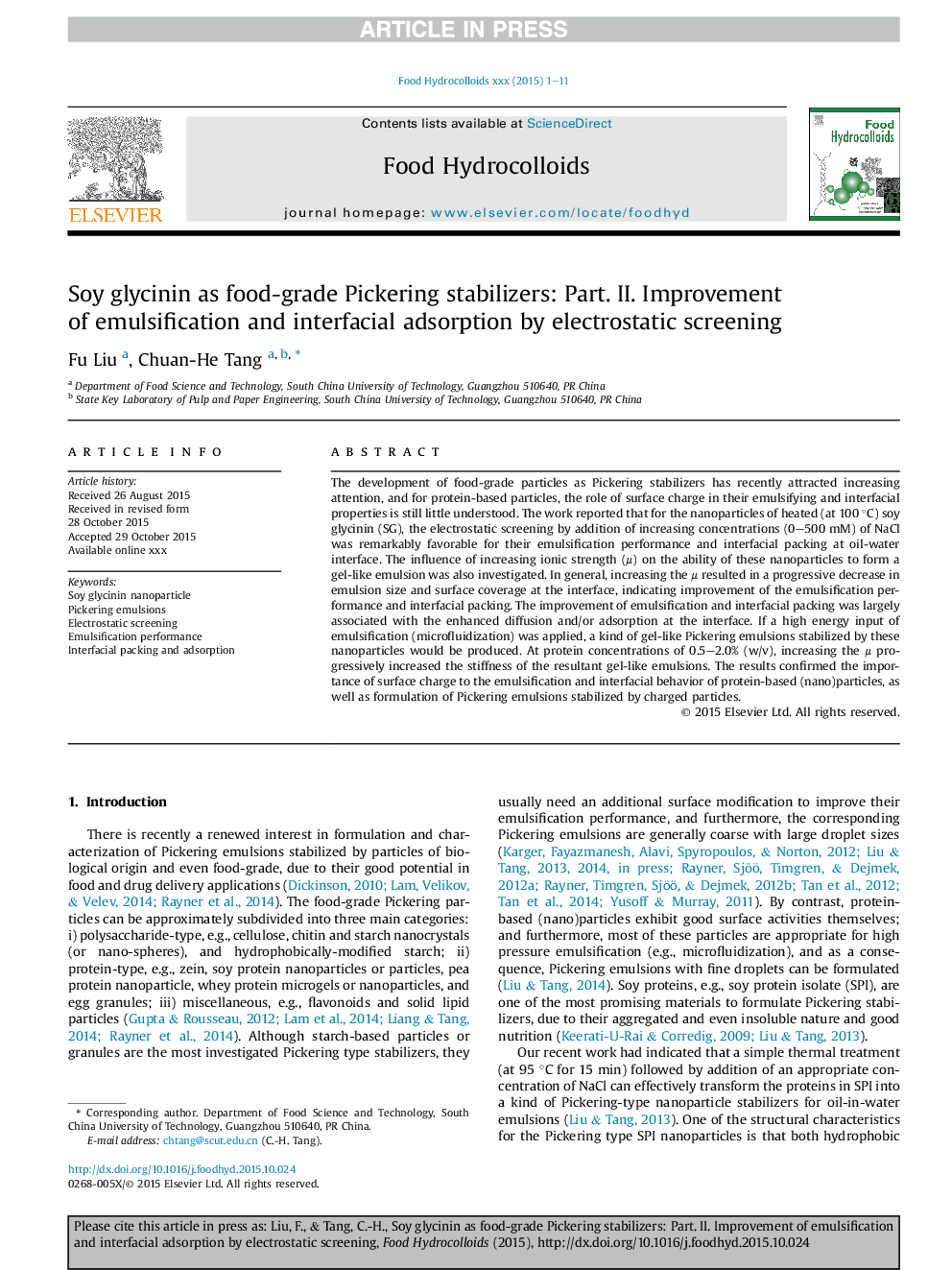 Soy glycinin as food-grade Pickering stabilizers: Part. II. Improvement of emulsification and interfacial adsorption by electrostatic screening