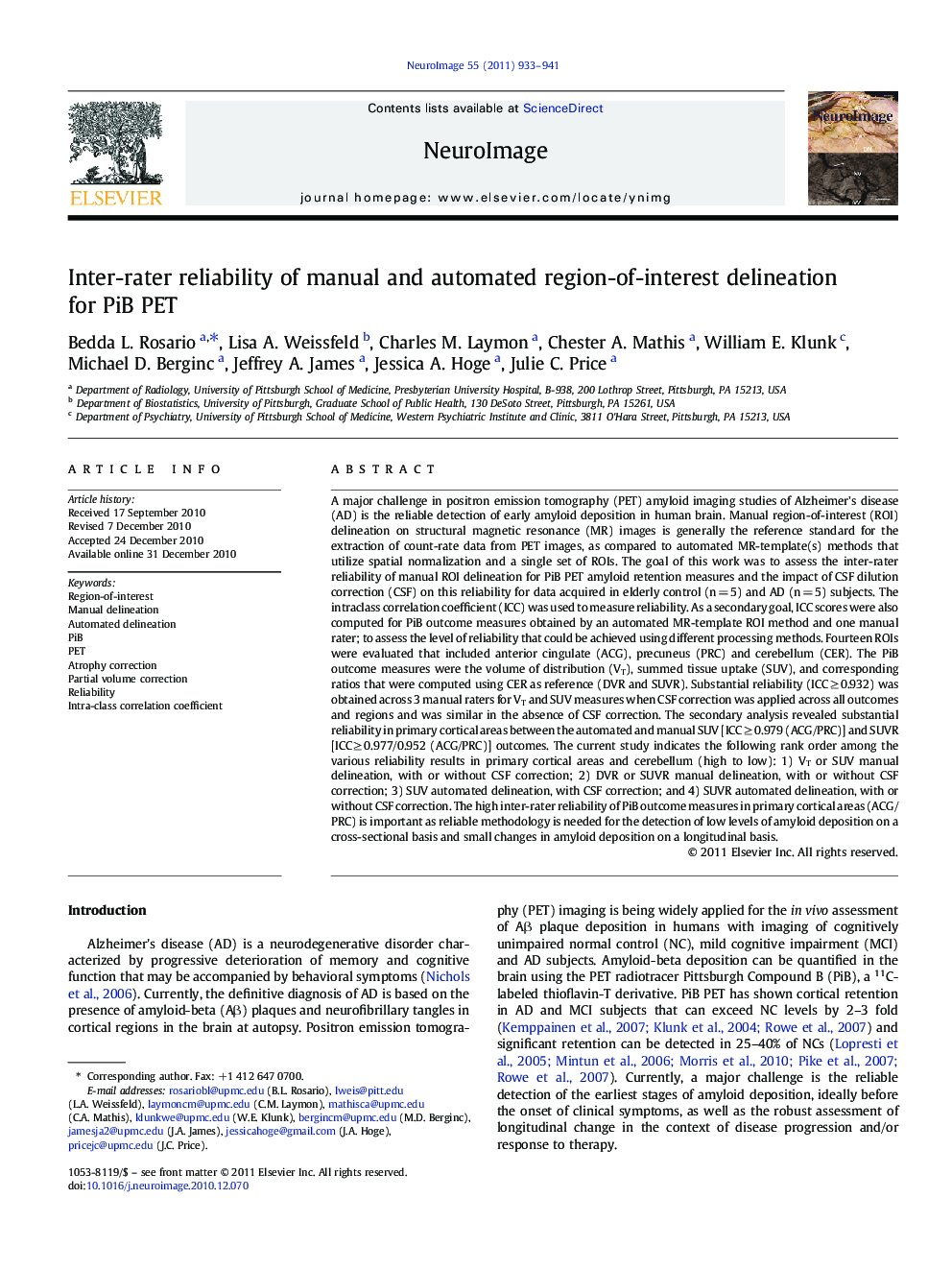 Inter-rater reliability of manual and automated region-of-interest delineation for PiB PET