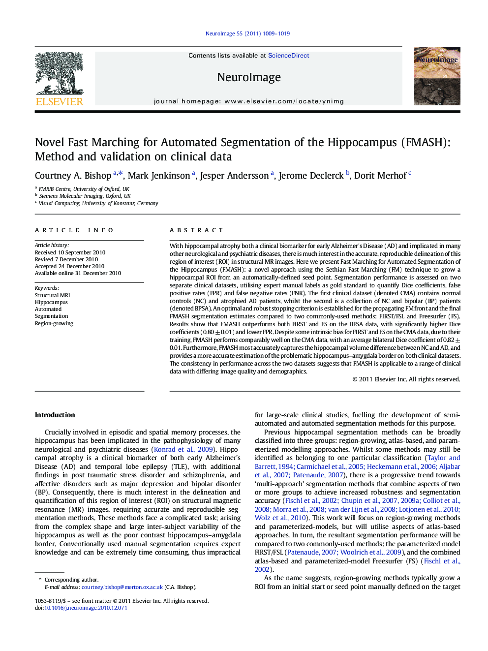 Novel Fast Marching for Automated Segmentation of the Hippocampus (FMASH): Method and validation on clinical data