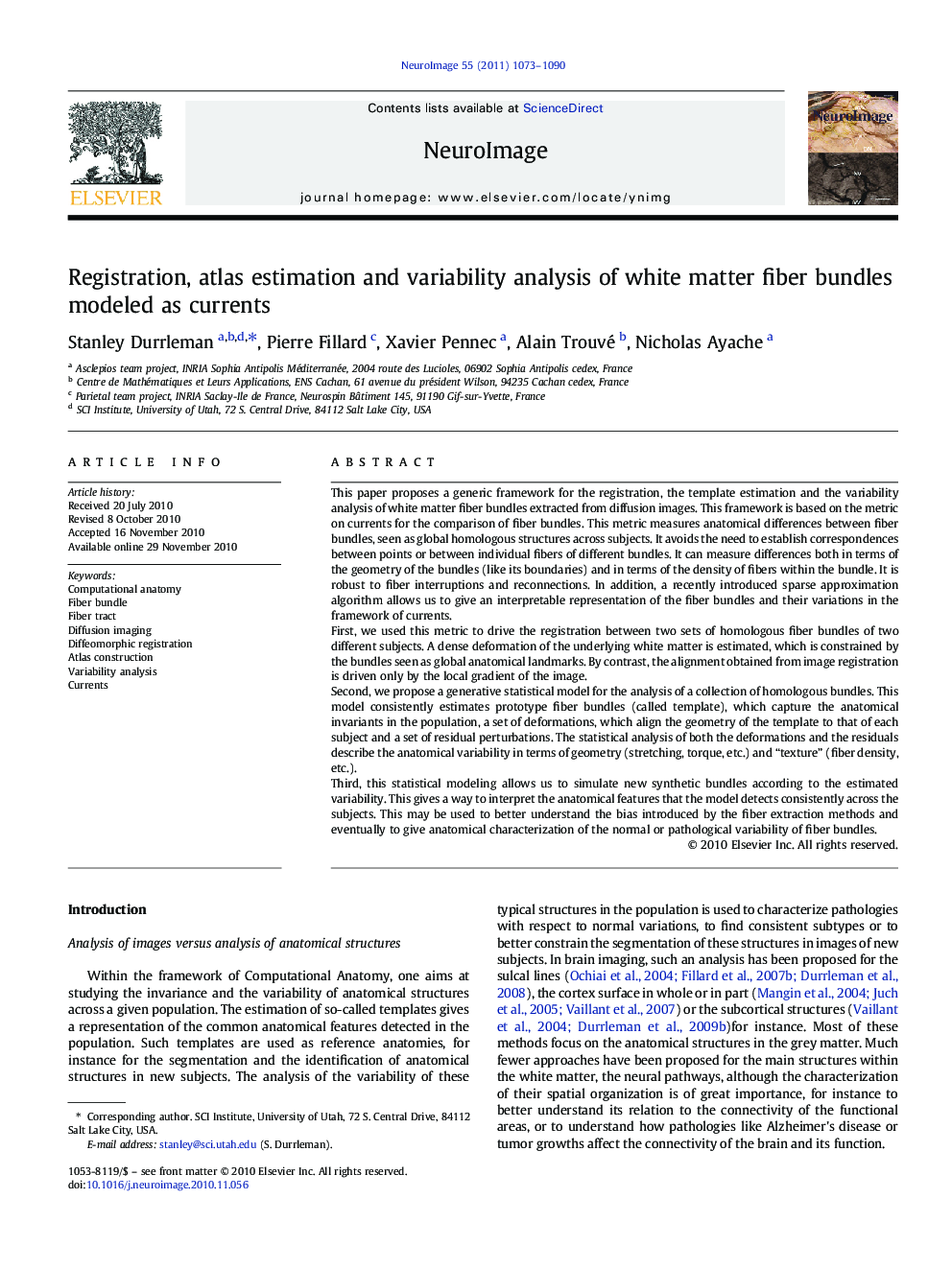 Registration, atlas estimation and variability analysis of white matter fiber bundles modeled as currents