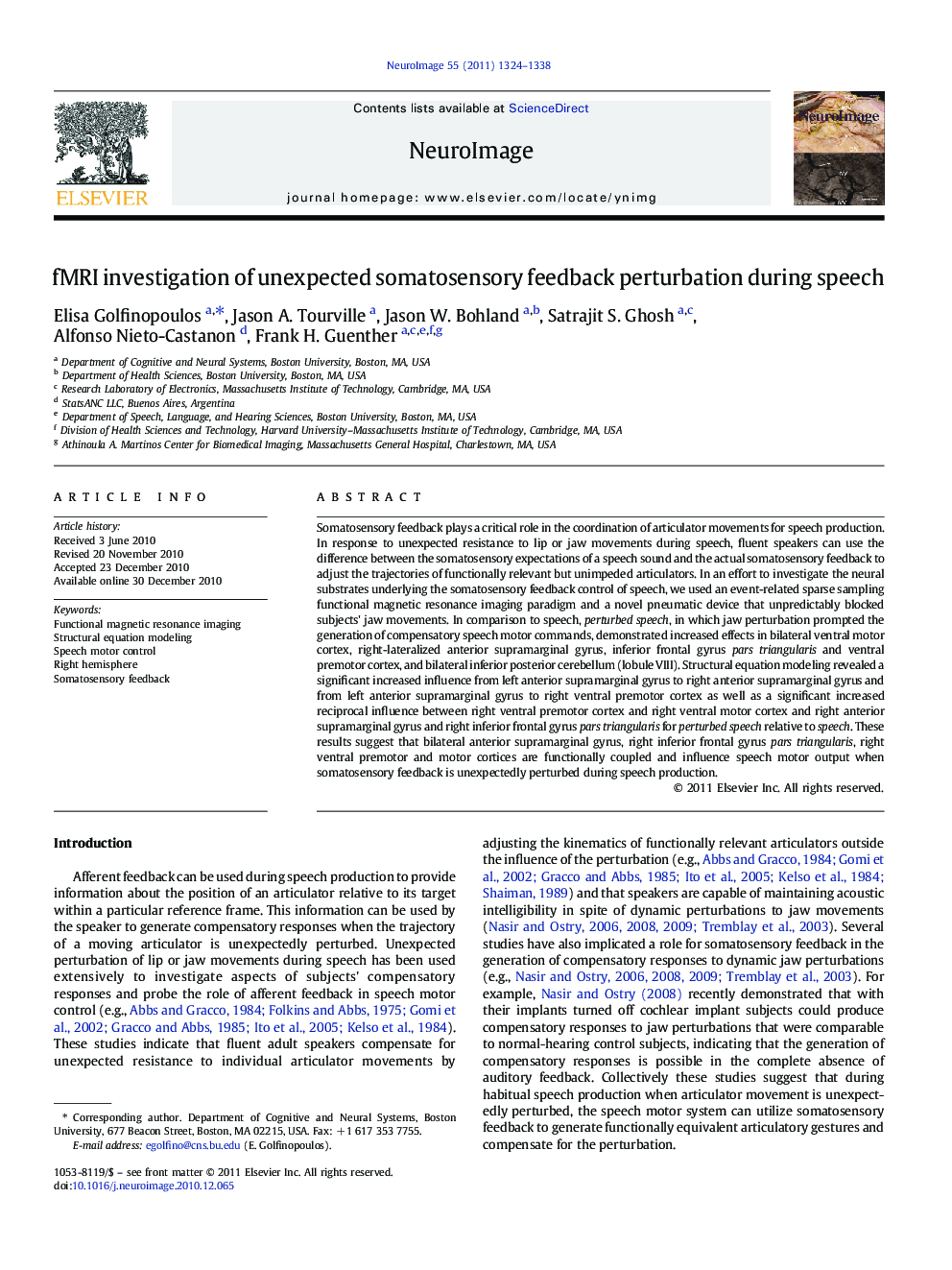 fMRI investigation of unexpected somatosensory feedback perturbation during speech