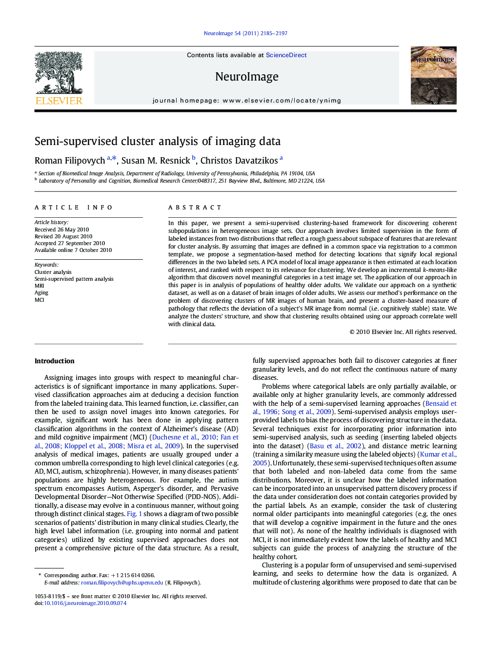 Semi-supervised cluster analysis of imaging data