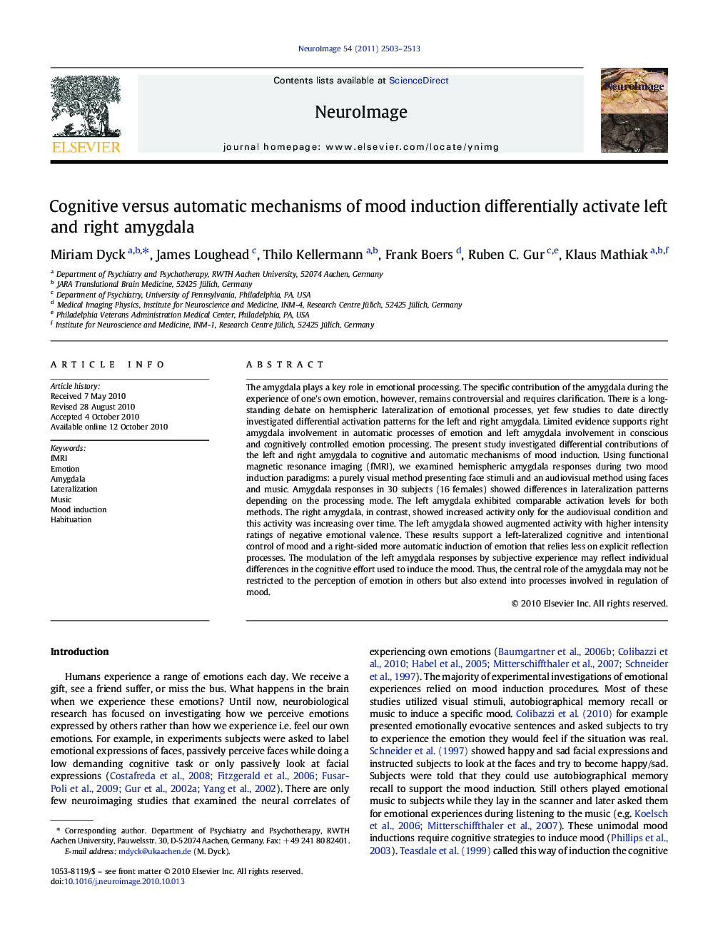 Cognitive versus automatic mechanisms of mood induction differentially activate left and right amygdala