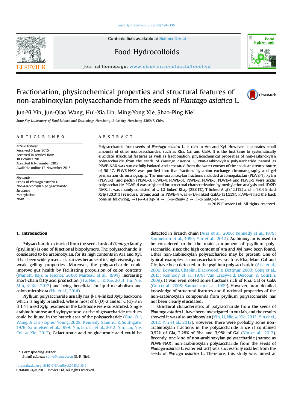 Fractionation, physicochemical properties and structural features of non-arabinoxylan polysaccharide from the seeds of Plantago asiatica L.