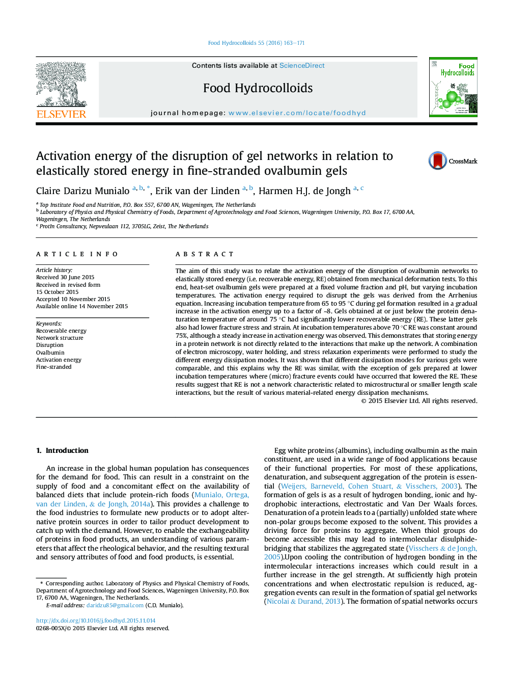 Activation energy of the disruption of gel networks in relation to elastically stored energy in fine-stranded ovalbumin gels