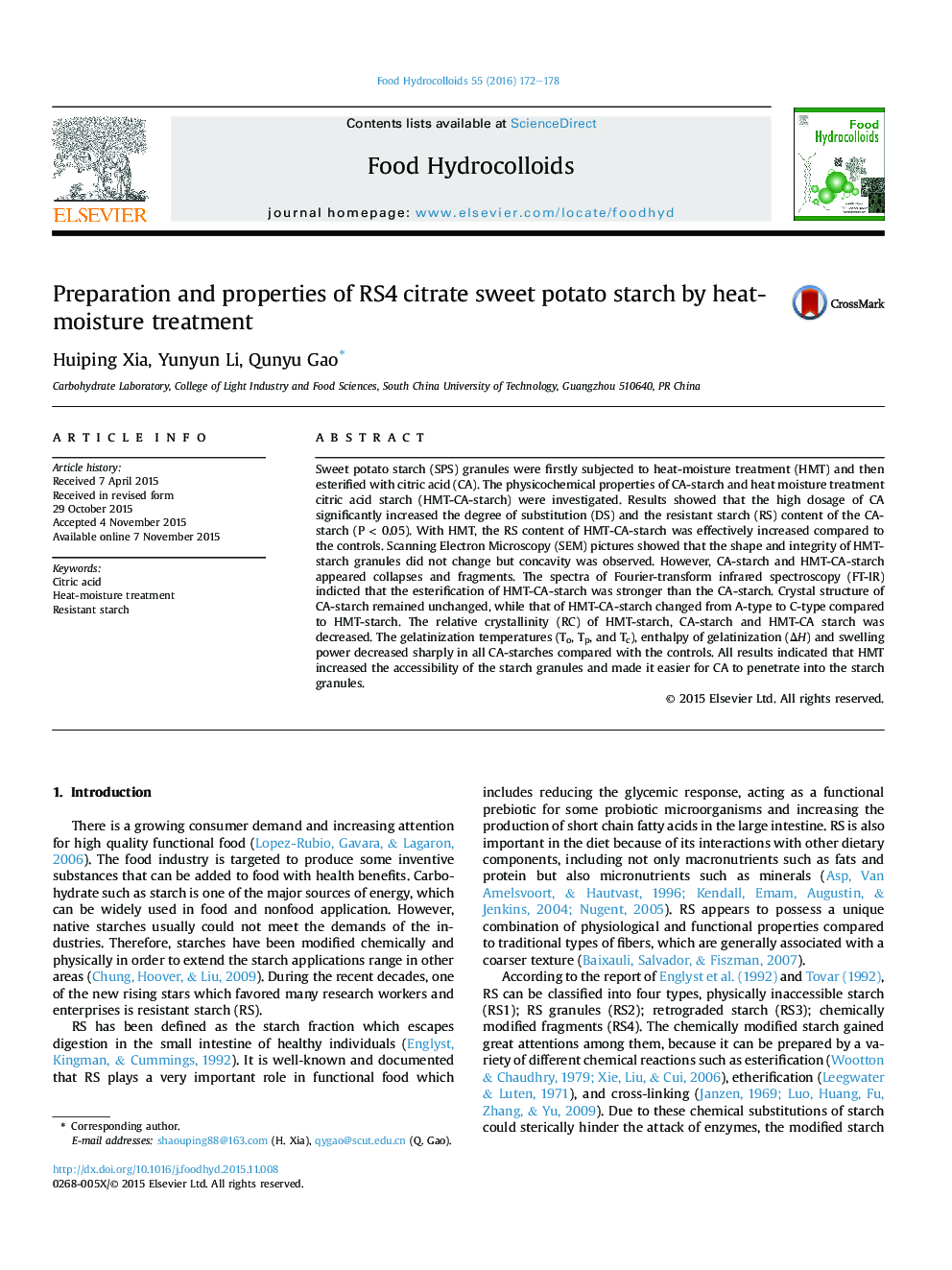 Preparation and properties of RS4 citrate sweet potato starch by heat-moisture treatment