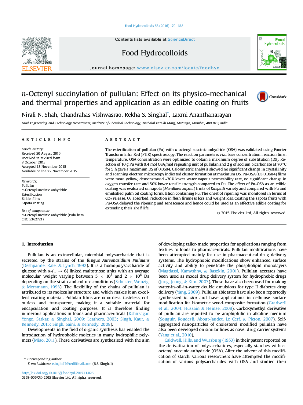 n-Octenyl succinylation of pullulan: Effect on its physico-mechanical and thermal properties and application as an edible coating on fruits