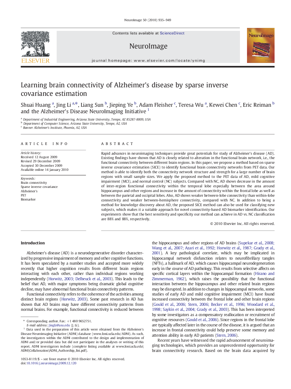 Learning brain connectivity of Alzheimer's disease by sparse inverse covariance estimation