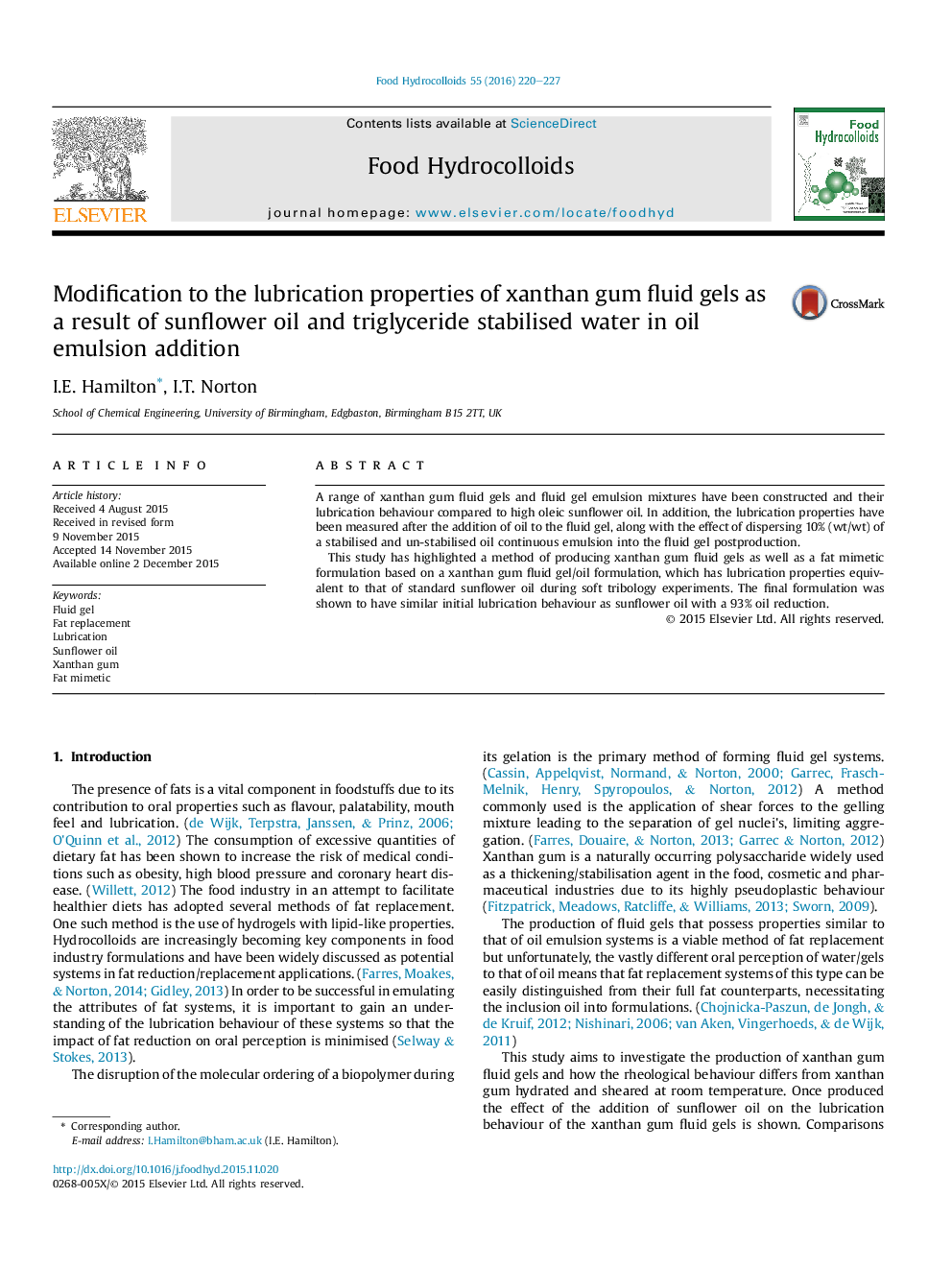 Modification to the lubrication properties of xanthan gum fluid gels as a result of sunflower oil and triglyceride stabilised water in oil emulsion addition