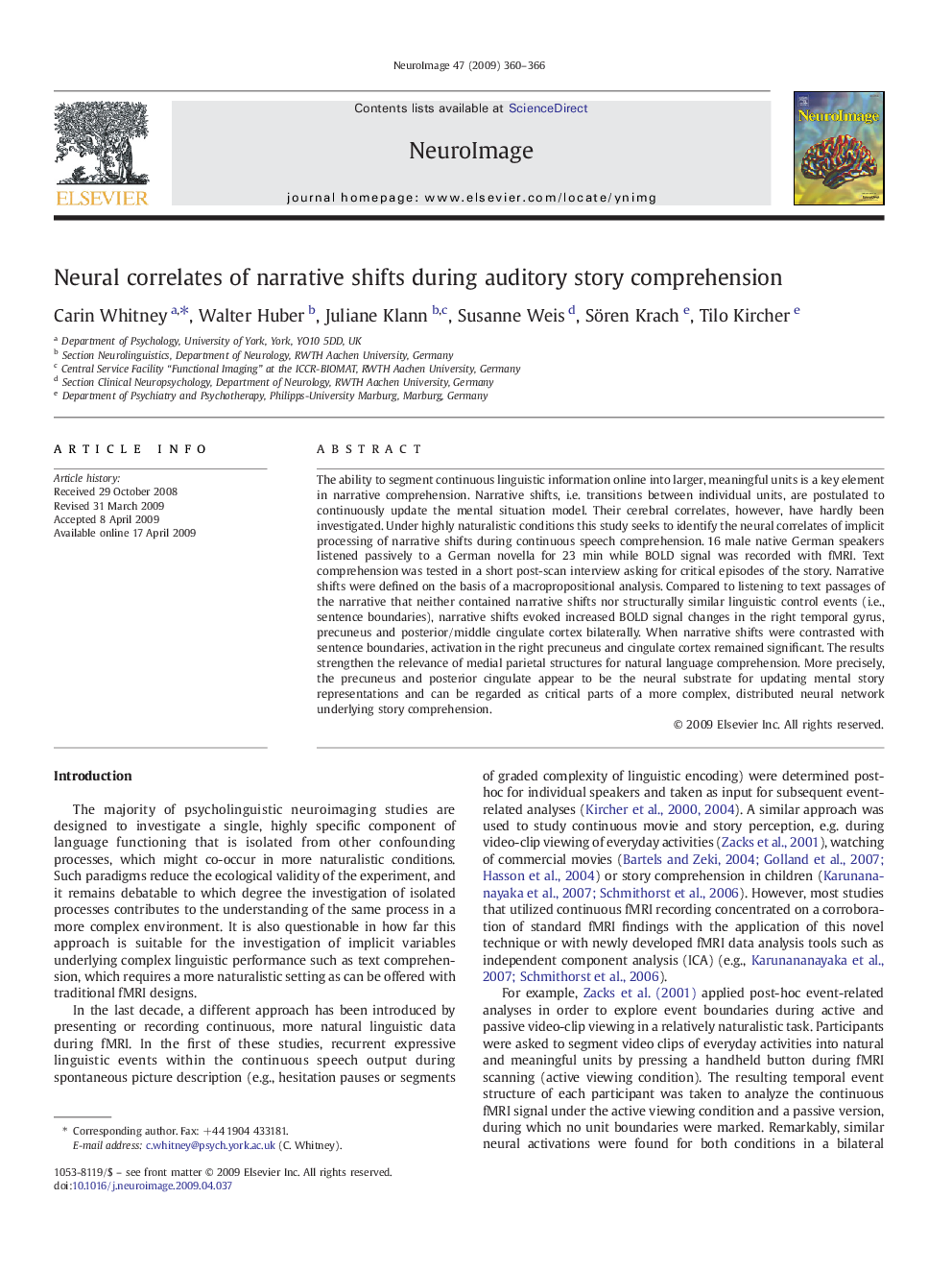 Neural correlates of narrative shifts during auditory story comprehension