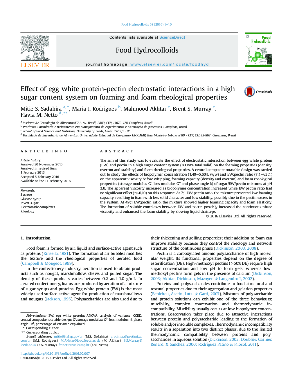 Effect of egg white protein-pectin electrostatic interactions in a high sugar content system on foaming and foam rheological properties