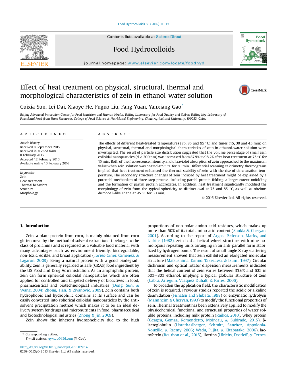 Effect of heat treatment on physical, structural, thermal and morphological characteristics of zein in ethanol-water solution