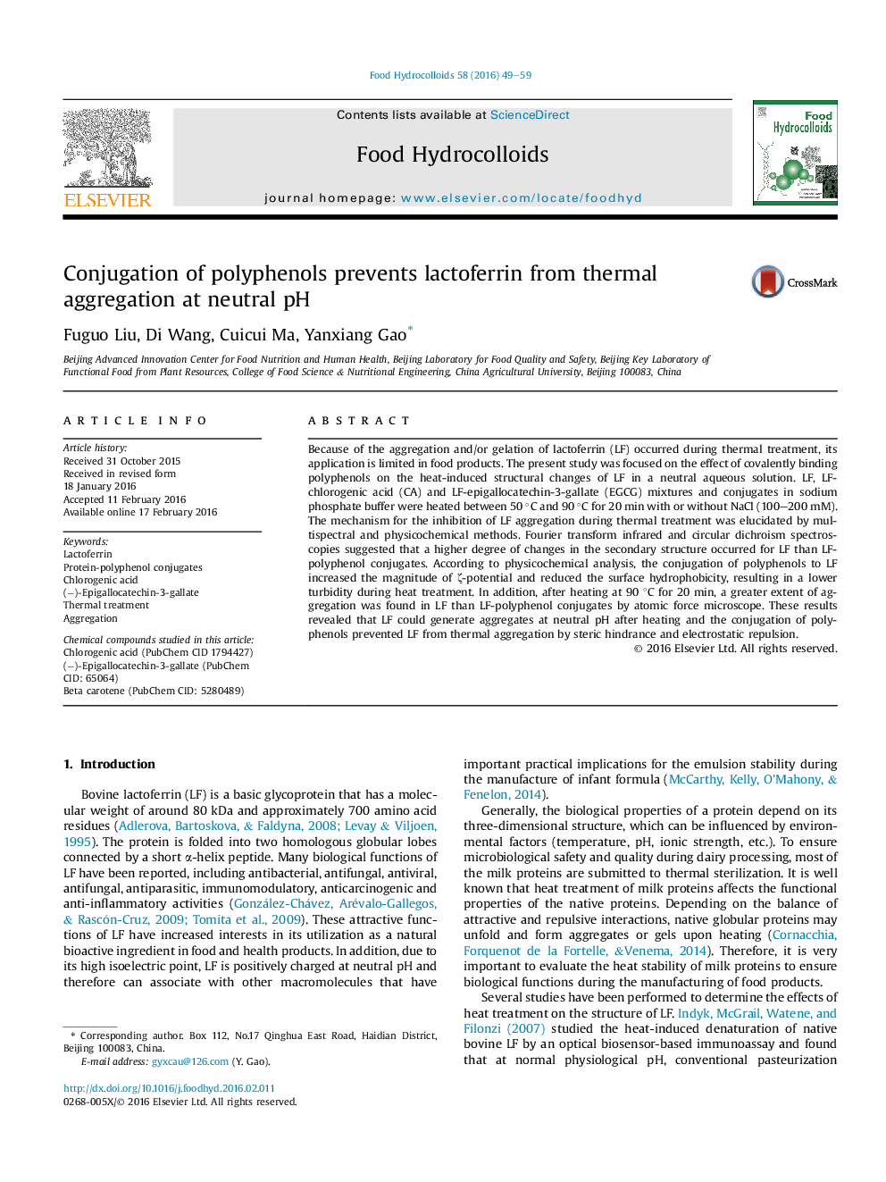 Conjugation of polyphenols prevents lactoferrin from thermal aggregation at neutral pH