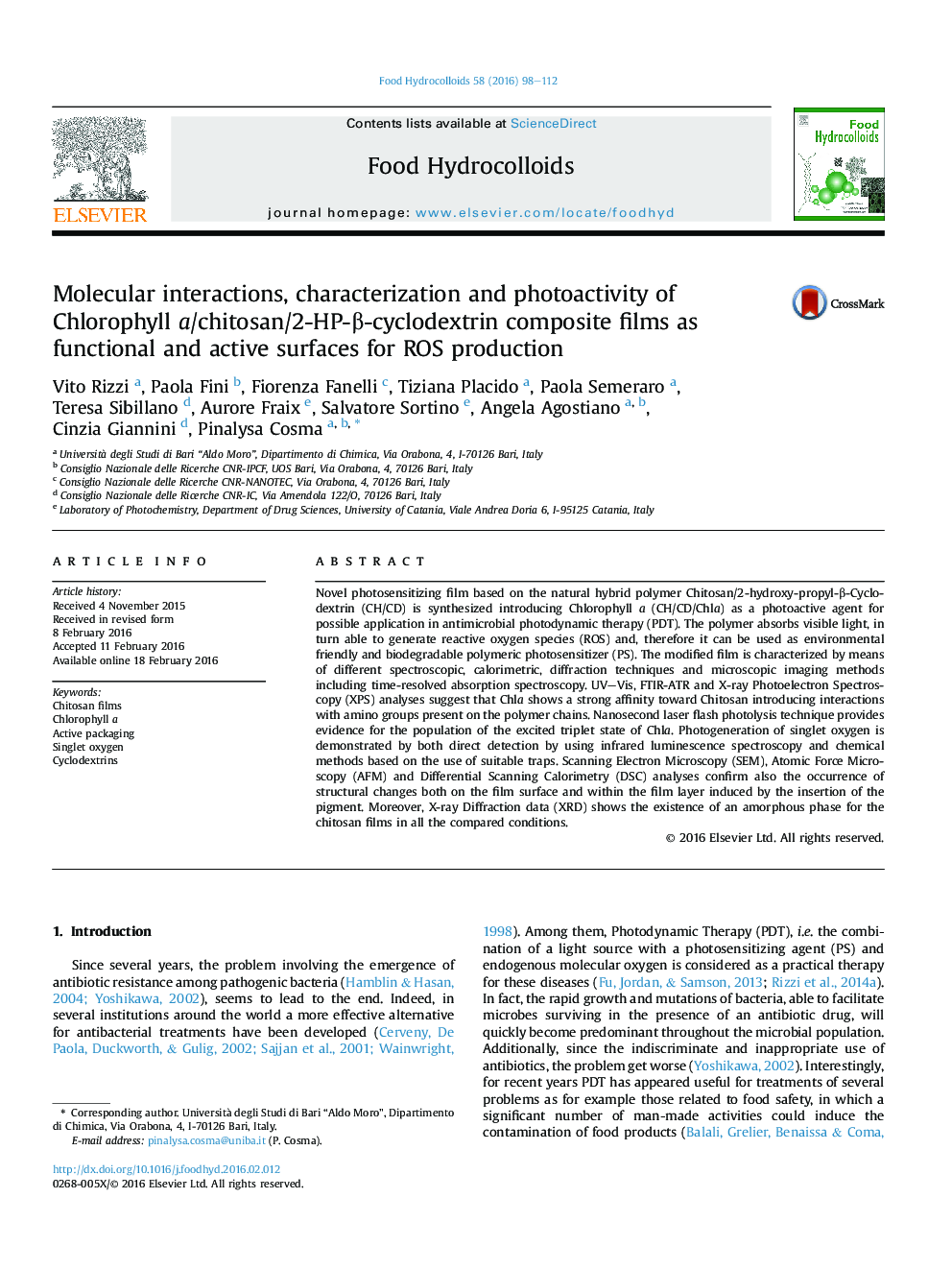Molecular interactions, characterization and photoactivity of Chlorophyll a/chitosan/2-HP-Î²-cyclodextrin composite films as functional and active surfaces for ROS production
