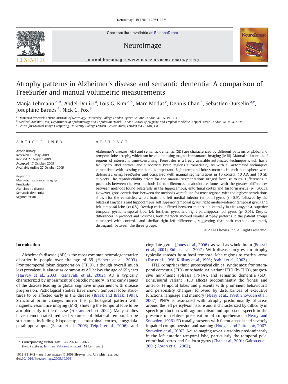 Atrophy patterns in Alzheimer's disease and semantic dementia: A comparison of FreeSurfer and manual volumetric measurements