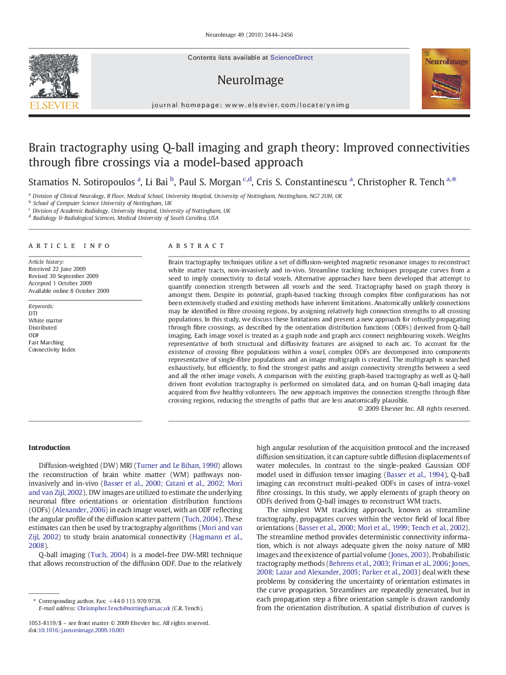 Brain tractography using Q-ball imaging and graph theory: Improved connectivities through fibre crossings via a model-based approach