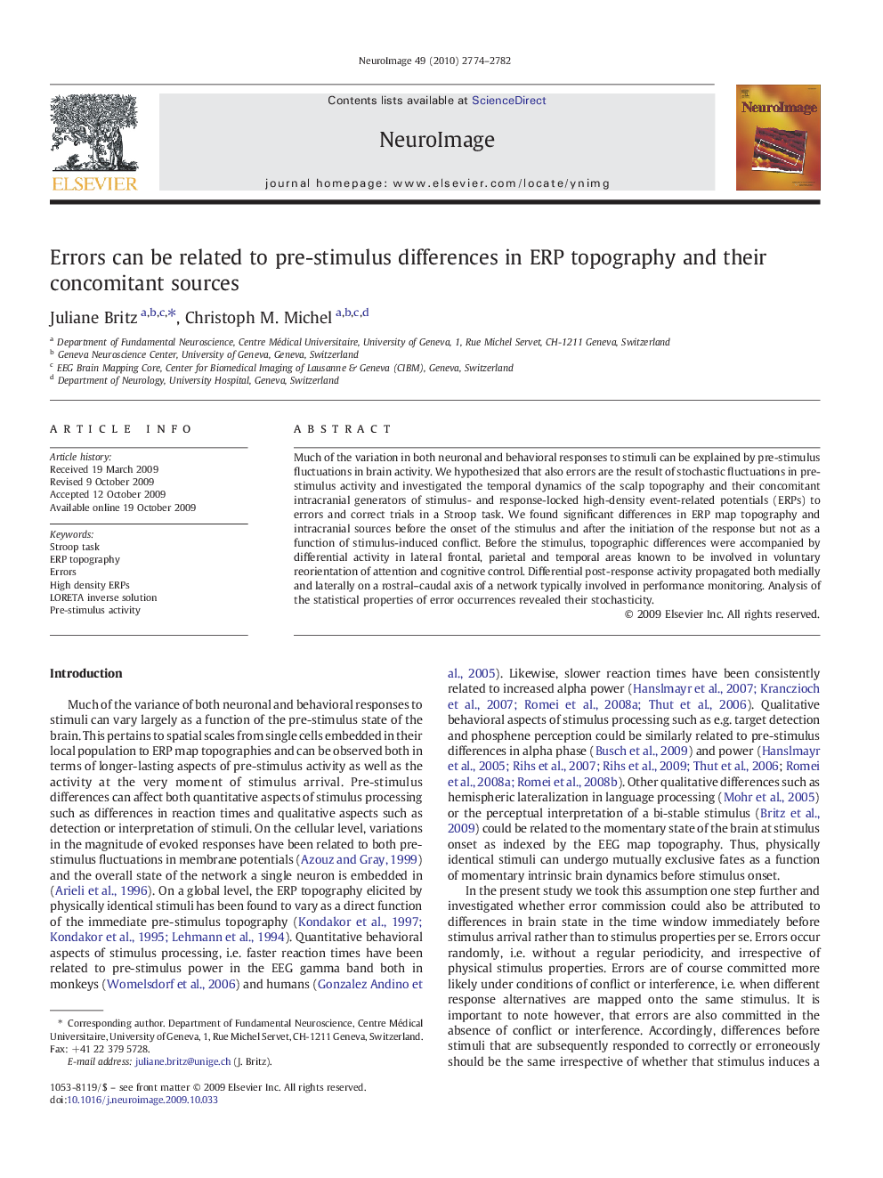 Errors can be related to pre-stimulus differences in ERP topography and their concomitant sources