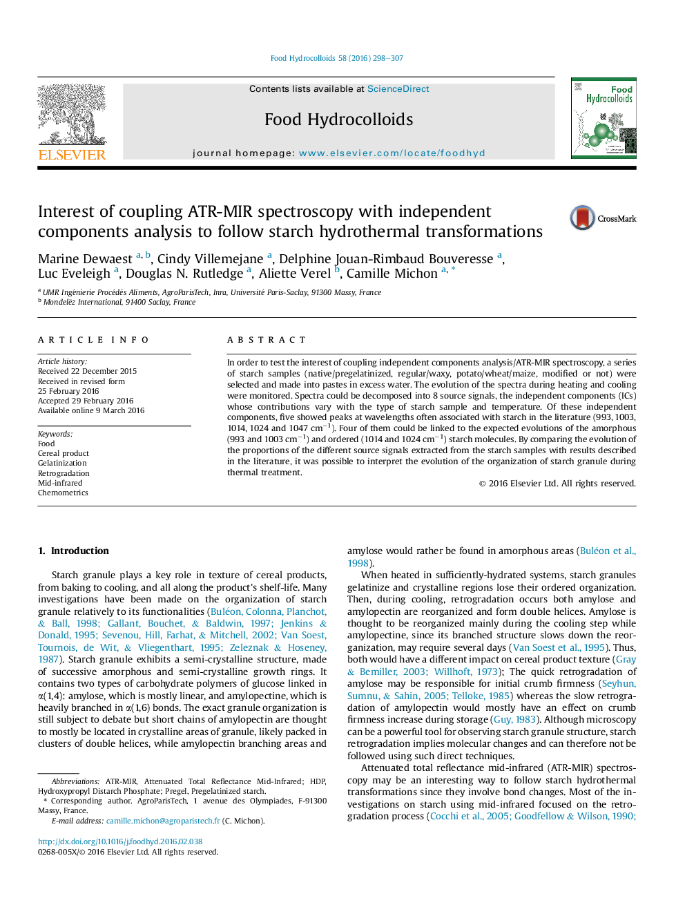 Interest of coupling ATR-MIR spectroscopy with independent components analysis to follow starch hydrothermal transformations