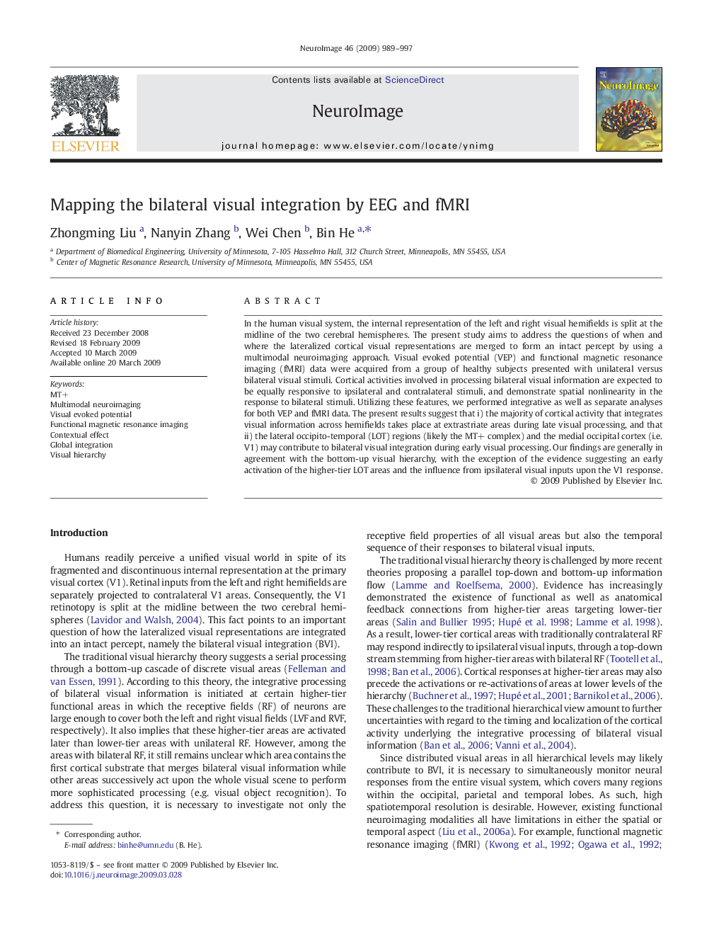 Mapping the bilateral visual integration by EEG and fMRI