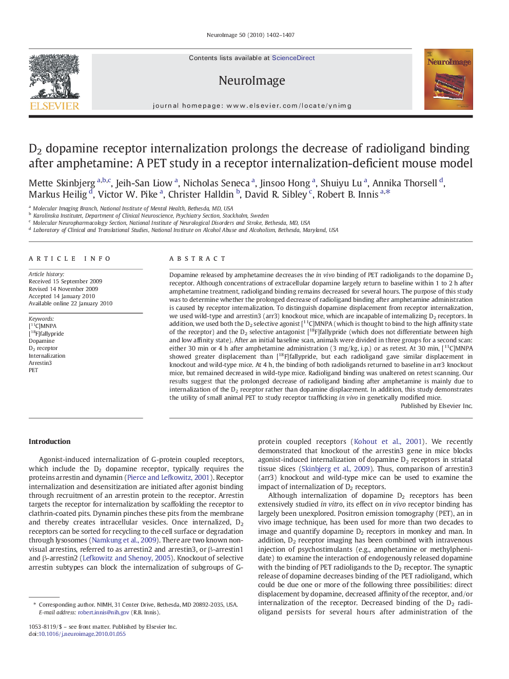 D2 dopamine receptor internalization prolongs the decrease of radioligand binding after amphetamine: A PET study in a receptor internalization-deficient mouse model