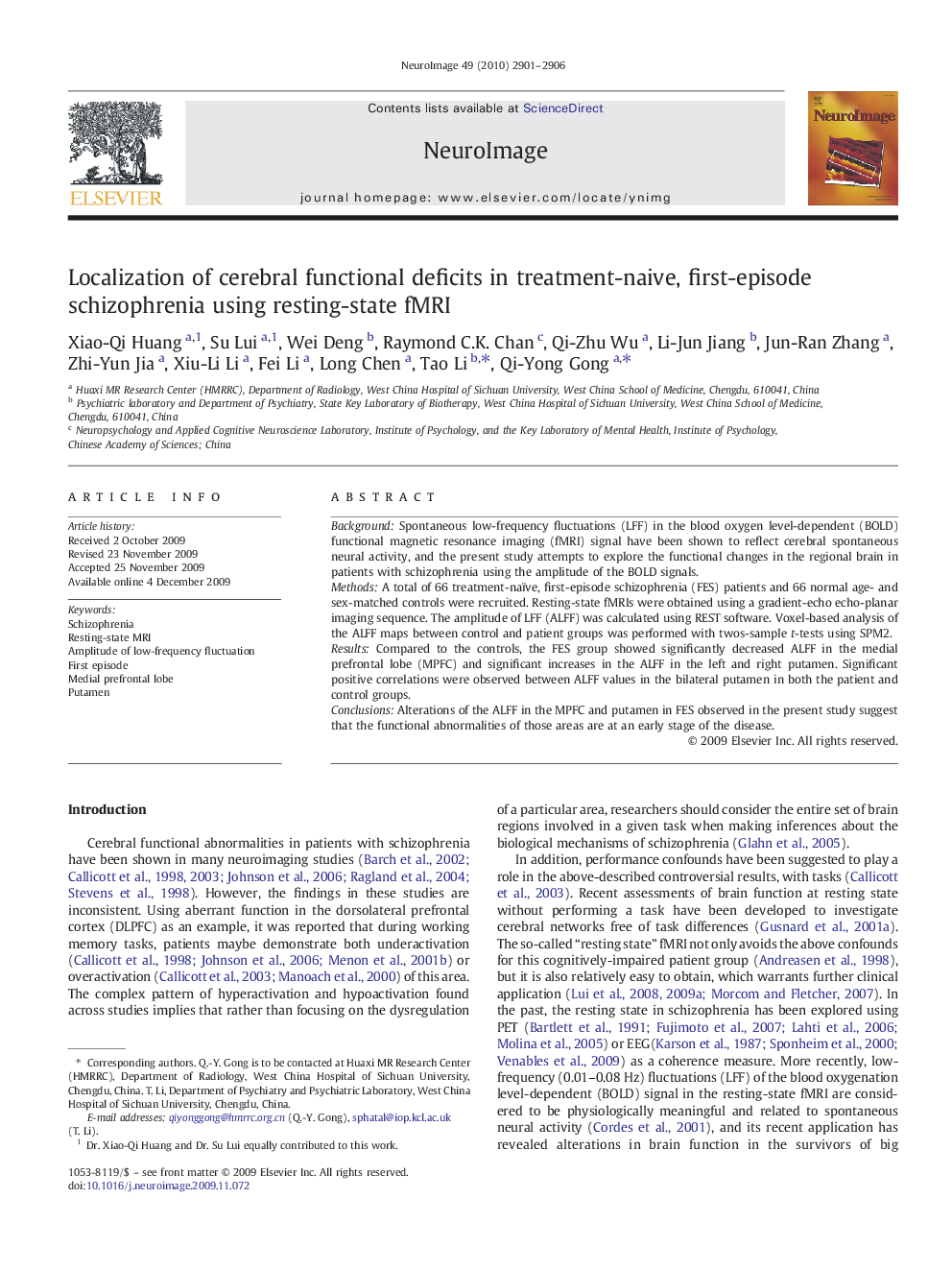 Localization of cerebral functional deficits in treatment-naive, first-episode schizophrenia using resting-state fMRI