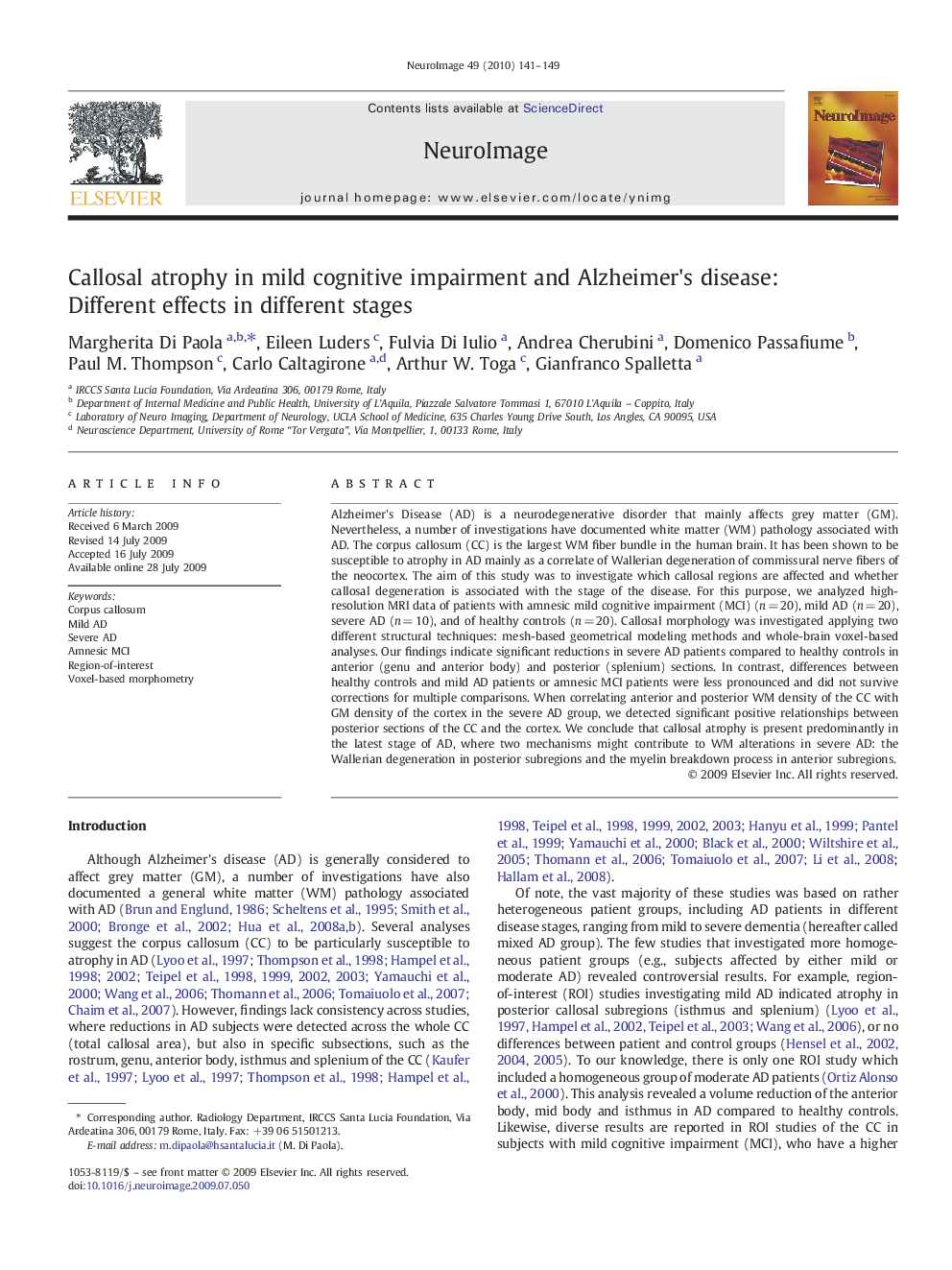 Callosal atrophy in mild cognitive impairment and Alzheimer's disease: Different effects in different stages