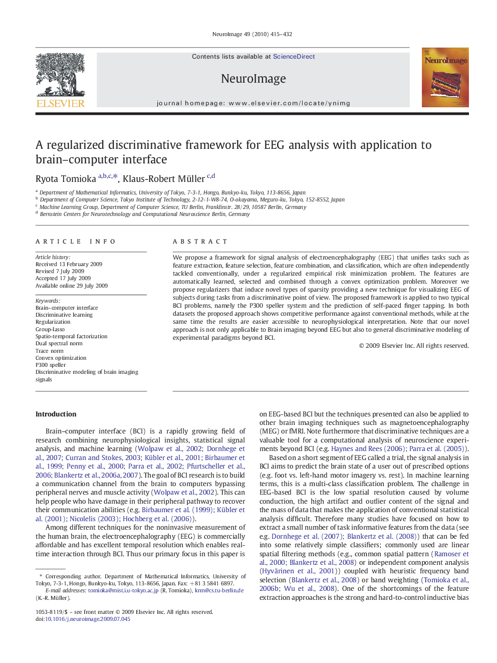 A regularized discriminative framework for EEG analysis with application to brain-computer interface