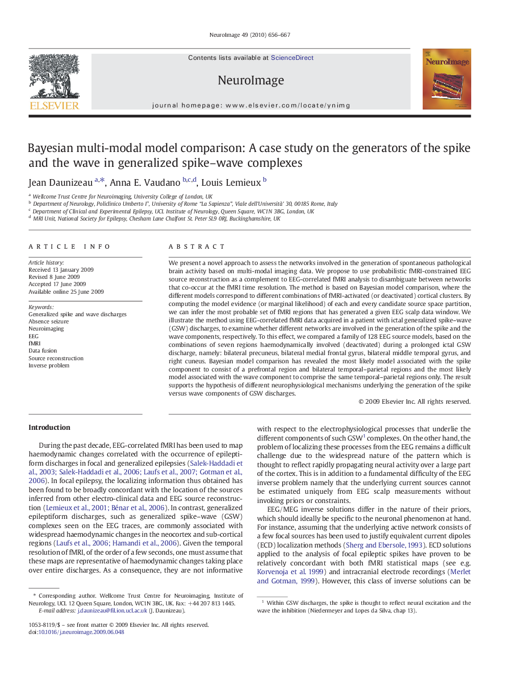 Bayesian multi-modal model comparison: A case study on the generators of the spike and the wave in generalized spike-wave complexes