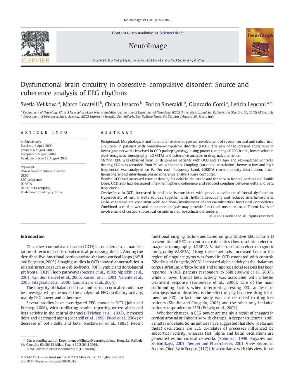 Dysfunctional brain circuitry in obsessive-compulsive disorder: Source and coherence analysis of EEG rhythms