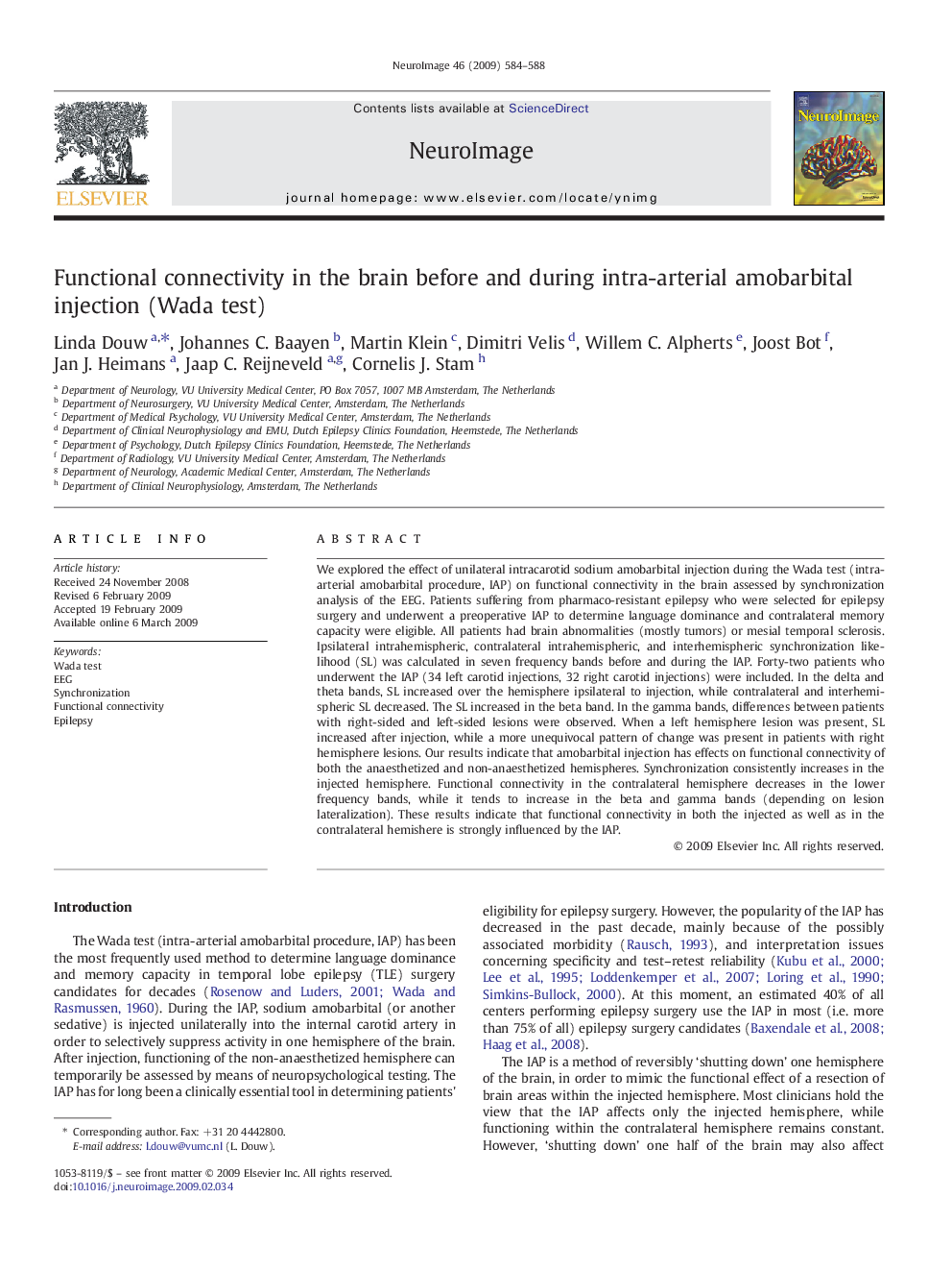 Functional connectivity in the brain before and during intra-arterial amobarbital injection (Wada test)