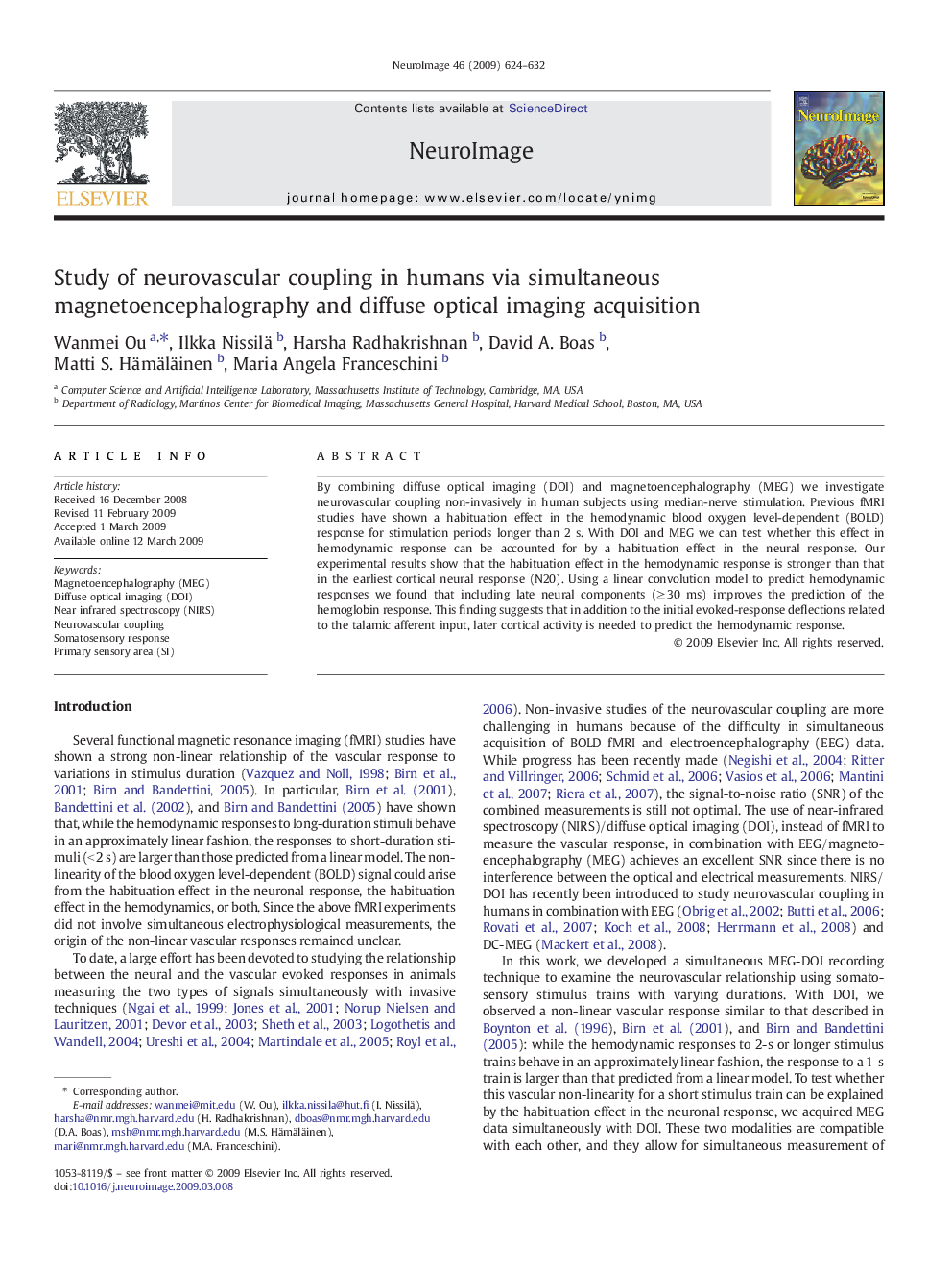 Study of neurovascular coupling in humans via simultaneous magnetoencephalography and diffuse optical imaging acquisition