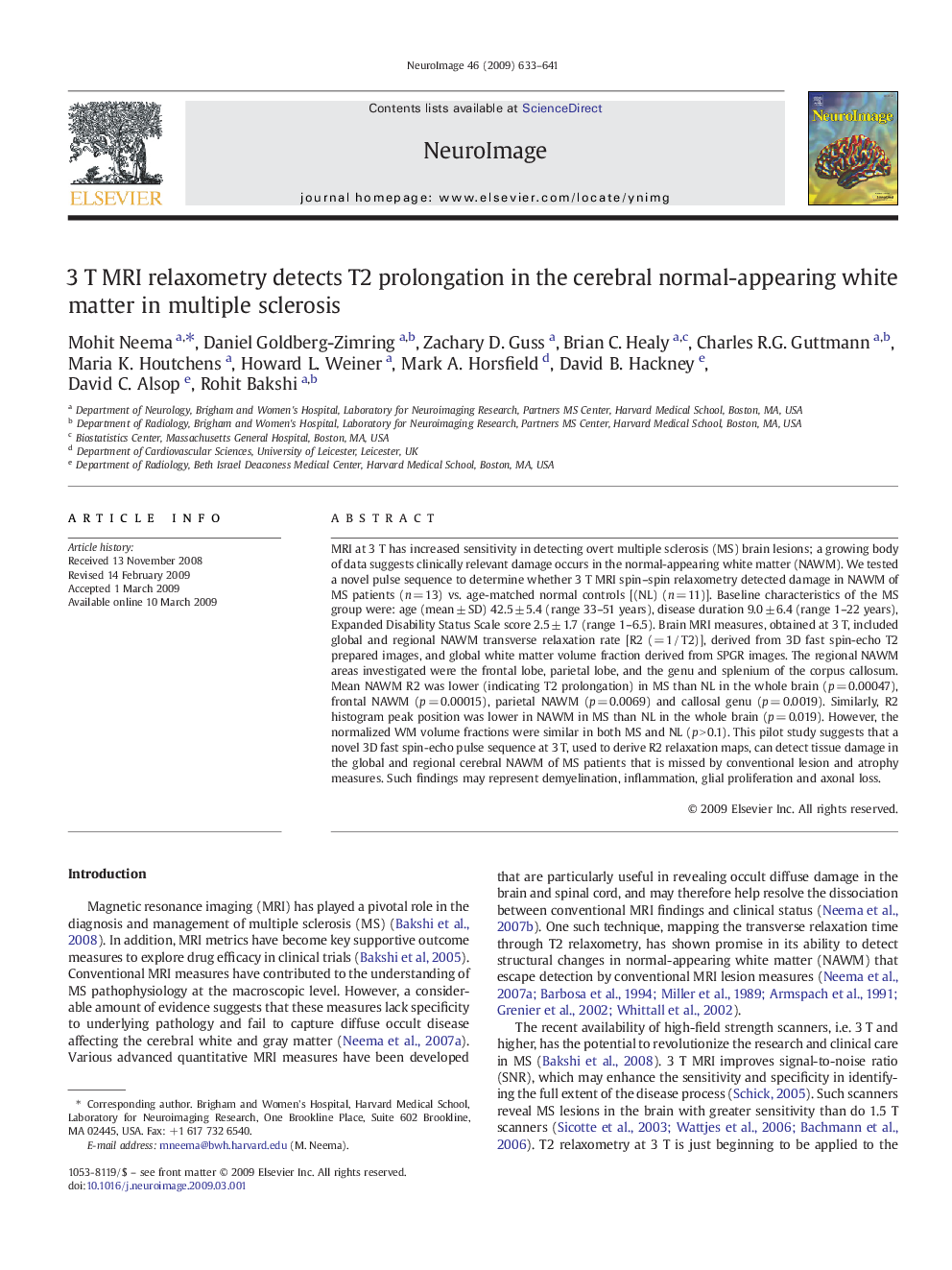 3Â T MRI relaxometry detects T2 prolongation in the cerebral normal-appearing white matter in multiple sclerosis