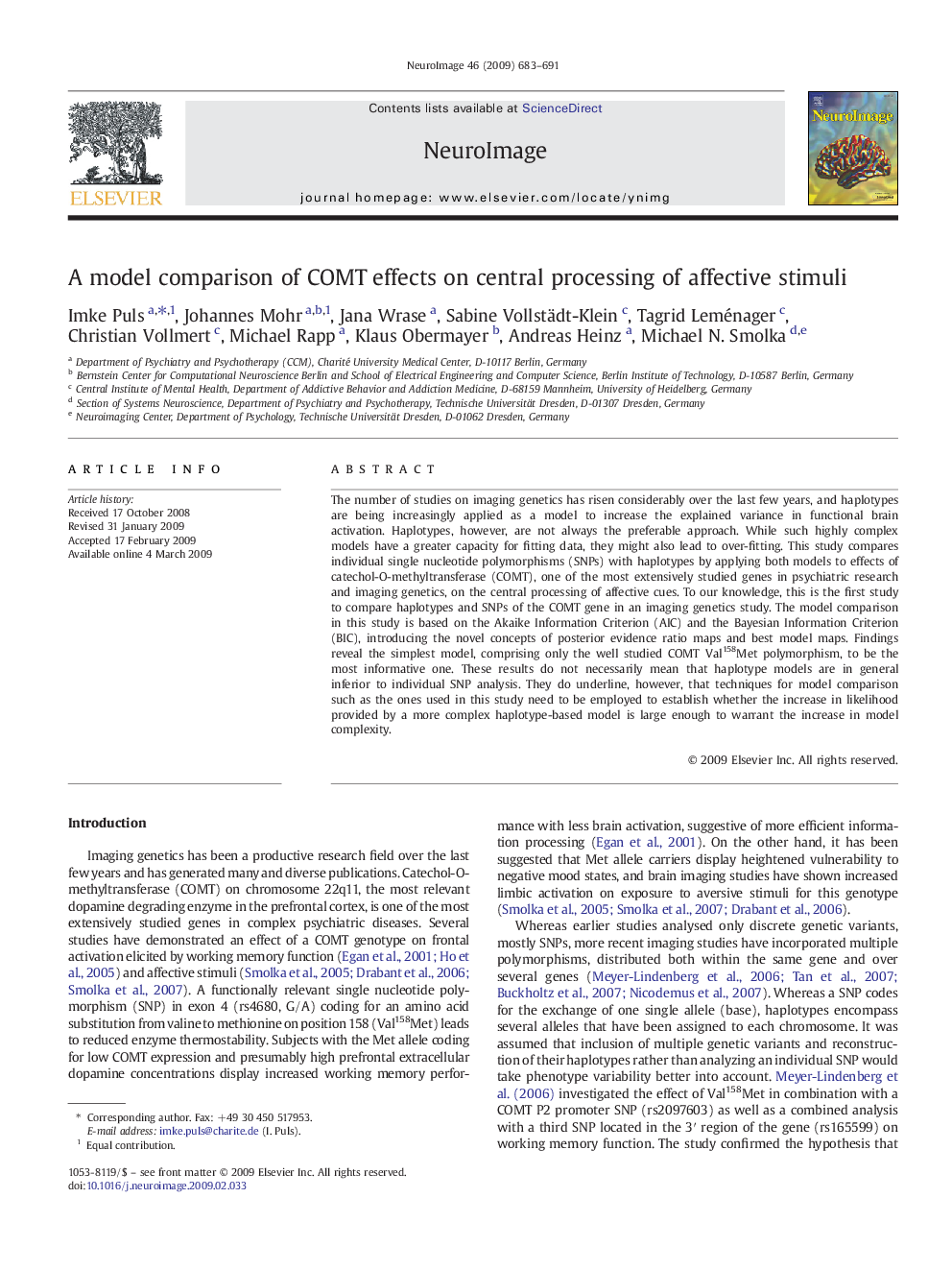 A model comparison of COMT effects on central processing of affective stimuli