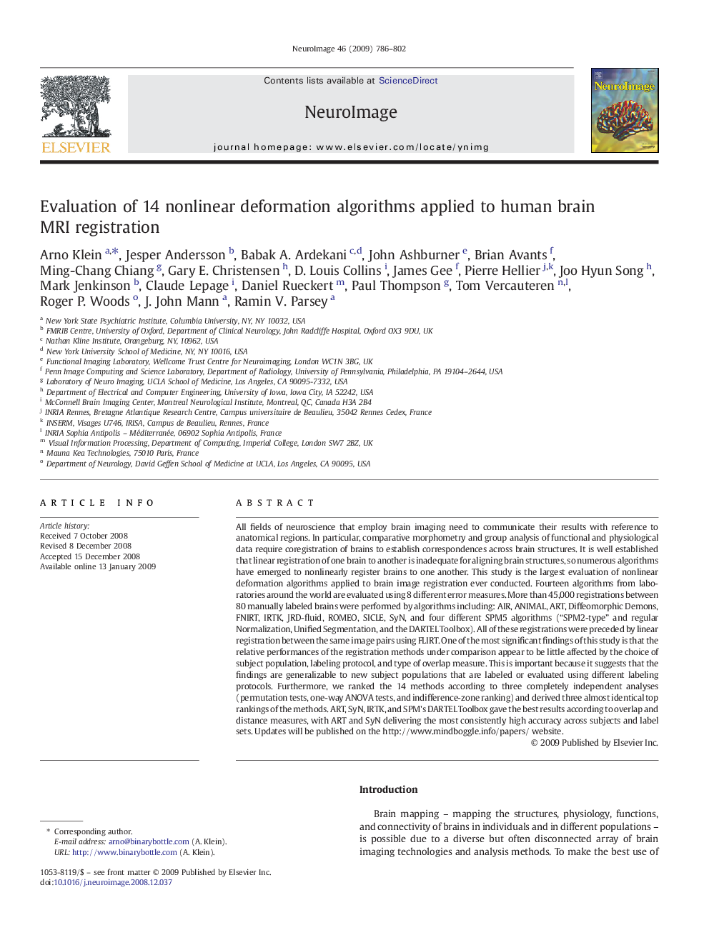 Evaluation of 14 nonlinear deformation algorithms applied to human brain MRI registration