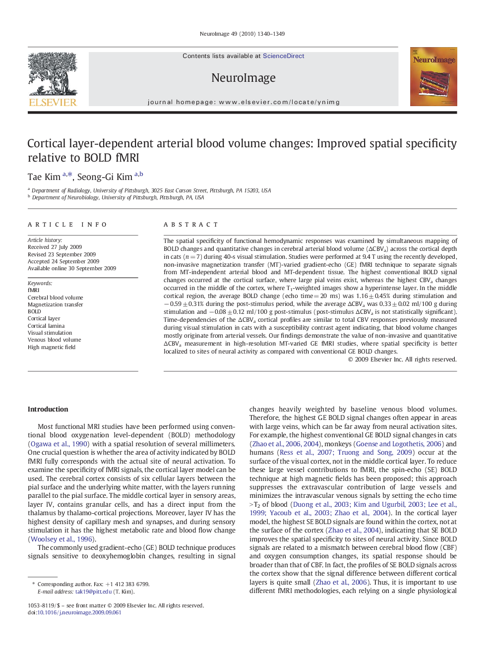 Cortical layer-dependent arterial blood volume changes: Improved spatial specificity relative to BOLD fMRI