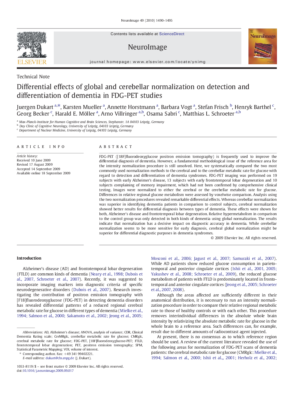 Technical NoteDifferential effects of global and cerebellar normalization on detection and differentiation of dementia in FDG-PET studies