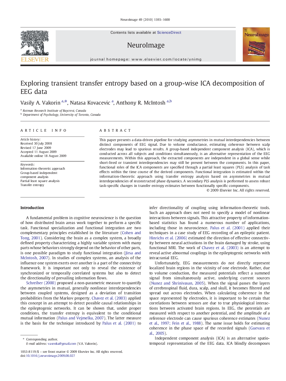 Exploring transient transfer entropy based on a group-wise ICA decomposition of EEG data