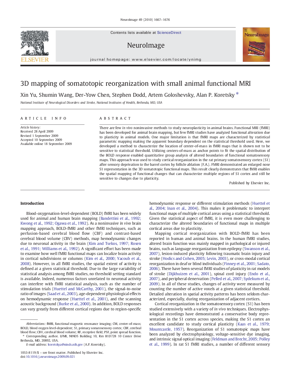 3D mapping of somatotopic reorganization with small animal functional MRI