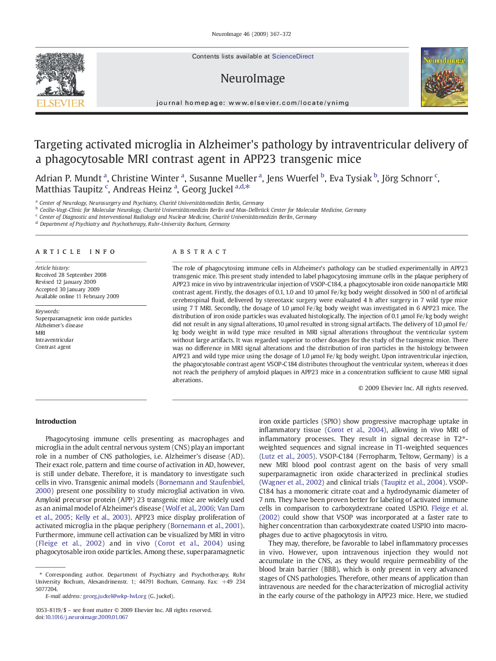 Targeting activated microglia in Alzheimer's pathology by intraventricular delivery of a phagocytosable MRI contrast agent in APP23 transgenic mice