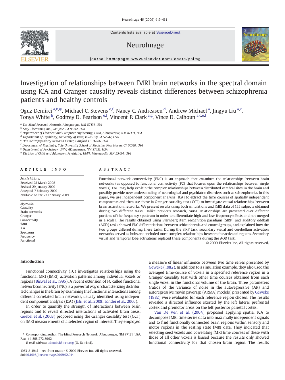 Investigation of relationships between fMRI brain networks in the spectral domain using ICA and Granger causality reveals distinct differences between schizophrenia patients and healthy controls