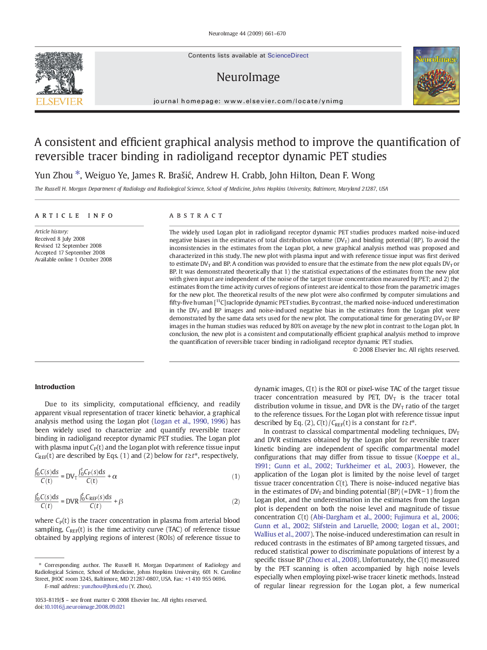 A consistent and efficient graphical analysis method to improve the quantification of reversible tracer binding in radioligand receptor dynamic PET studies