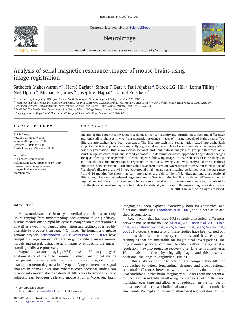 Analysis of serial magnetic resonance images of mouse brains using image registration