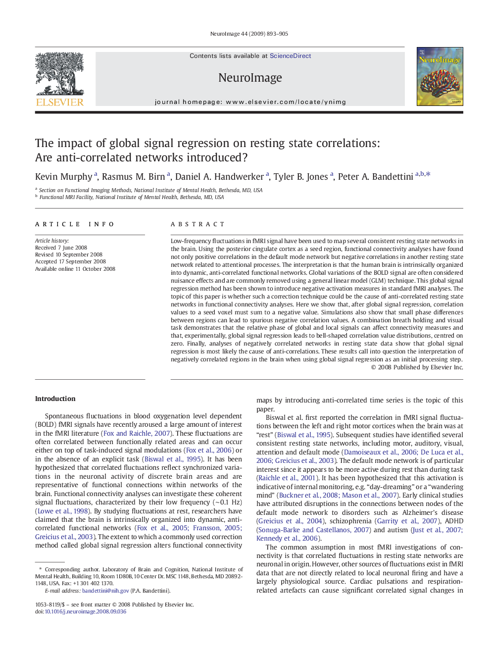 عکس صفحه اول مقاله: The impact of global signal regression on resting state correlations: Are anti-correlated networks introduced? The impact of global signal regression on resting state correlations: Are anti-correlated networks introduced?