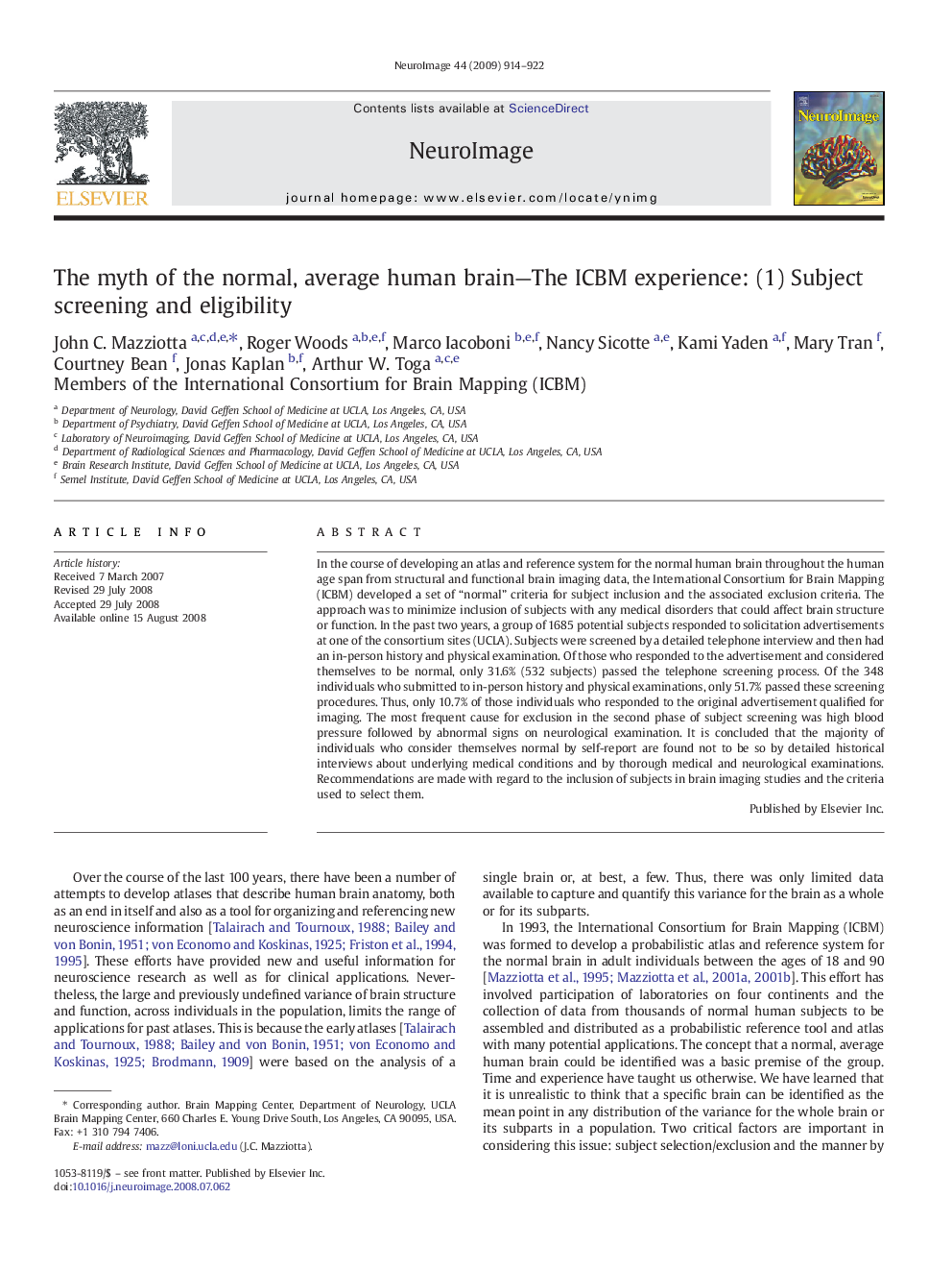 عکس صفحه اول مقاله: The myth of the normal, average human brain-The ICBM experience: (1) Subject screening and eligibility The myth of the normal, average human brain-The ICBM experience: (1) Subject screening and eligibility