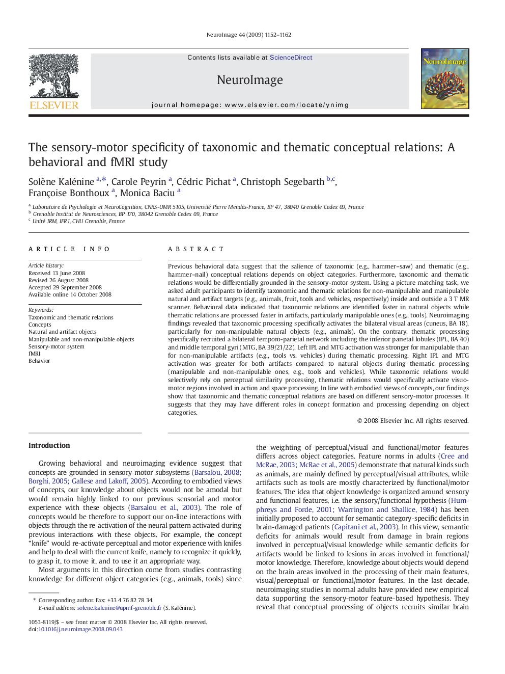 The sensory-motor specificity of taxonomic and thematic conceptual relations: A behavioral and fMRI study