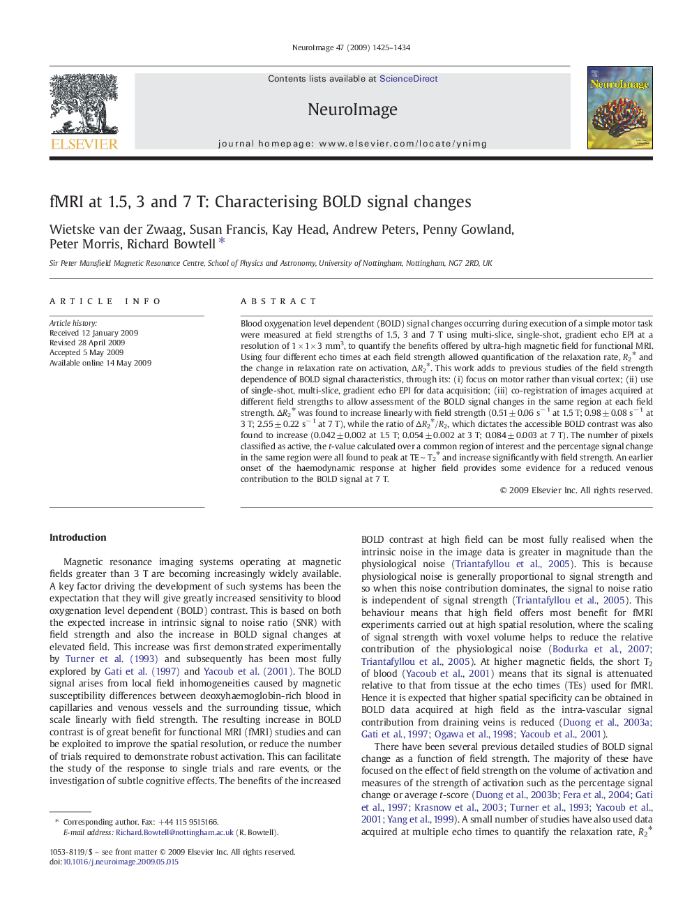 fMRI at 1.5, 3 and 7 T: Characterising BOLD signal changes