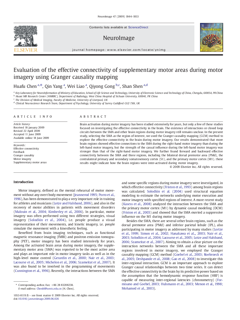 Evaluation of the effective connectivity of supplementary motor areas during motor imagery using Granger causality mapping