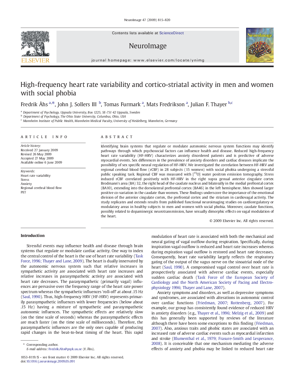 High-frequency heart rate variability and cortico-striatal activity in men and women with social phobia