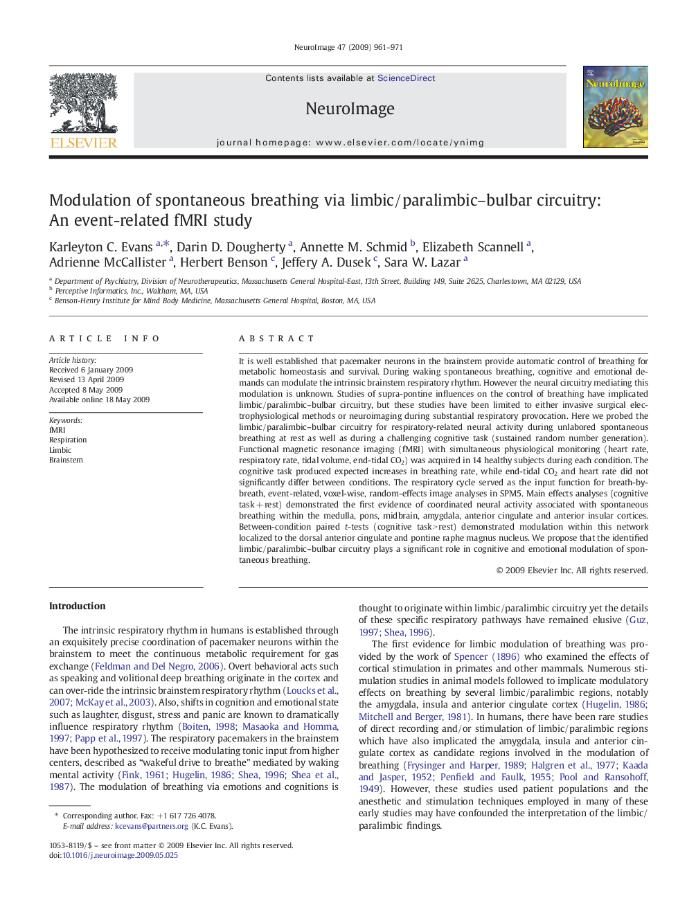 Modulation of spontaneous breathing via limbic/paralimbic-bulbar circuitry: An event-related fMRI study