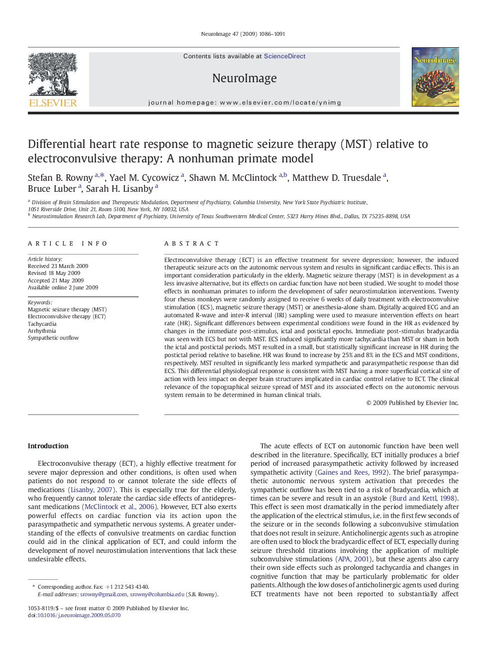 Differential heart rate response to magnetic seizure therapy (MST) relative to electroconvulsive therapy: A nonhuman primate model